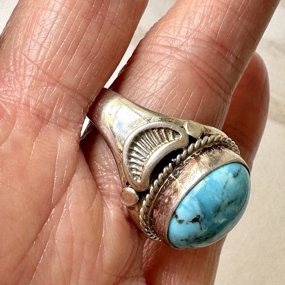 Navajo Mens Band Turquoise Ring Sz 12 Signed AT 19mm Native American Blue‎